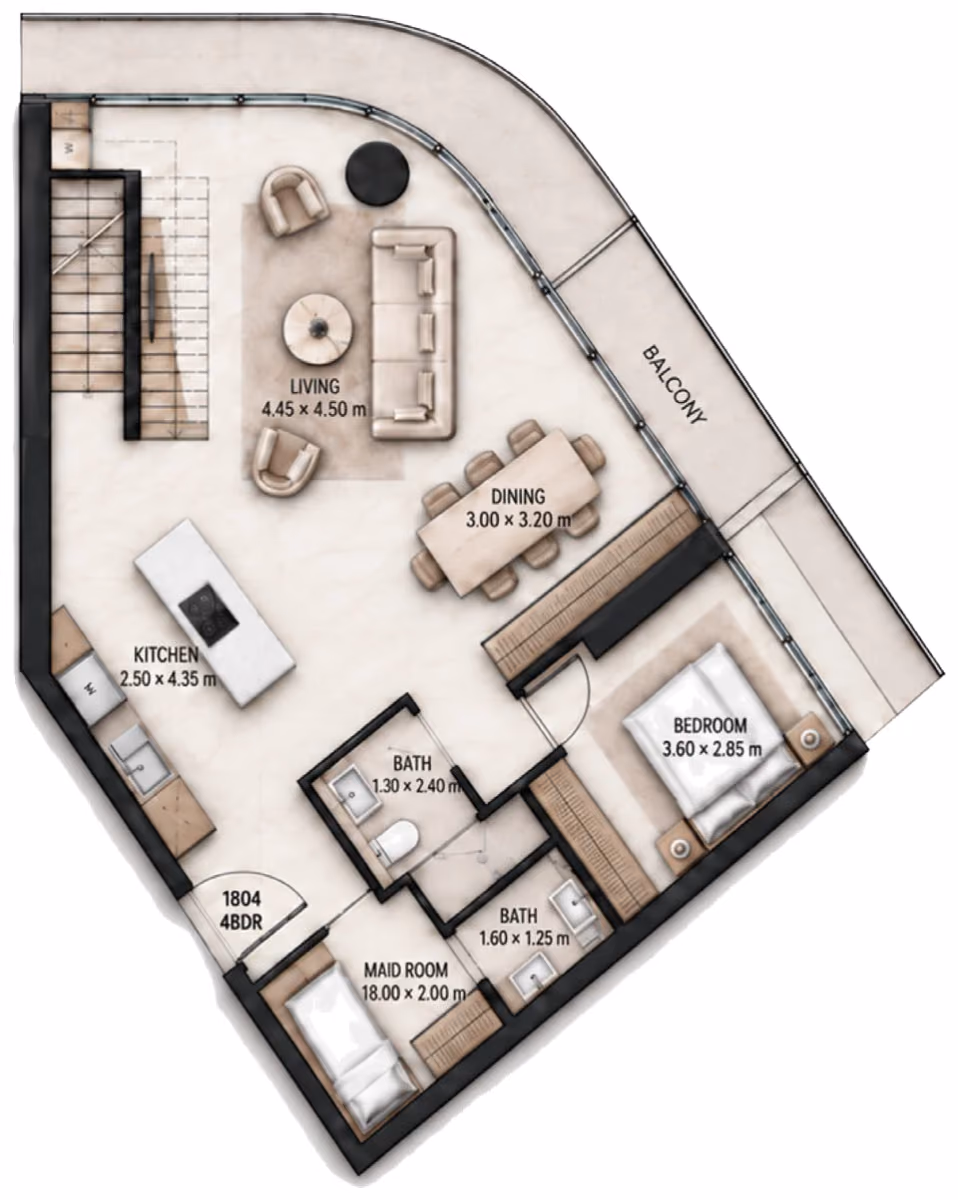 תוכנית 4 חדרי שינה · דופלקס · Duplex 4BR Type F ב־Cosmo Marlin Icon (קומה תחתונה)