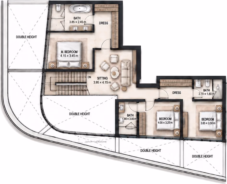 תוכנית 4 חדרי שינה · פנטהאוז · Duplex Penthouse Type B ב־Cosmo Marlin Icon (קומה עליונה)