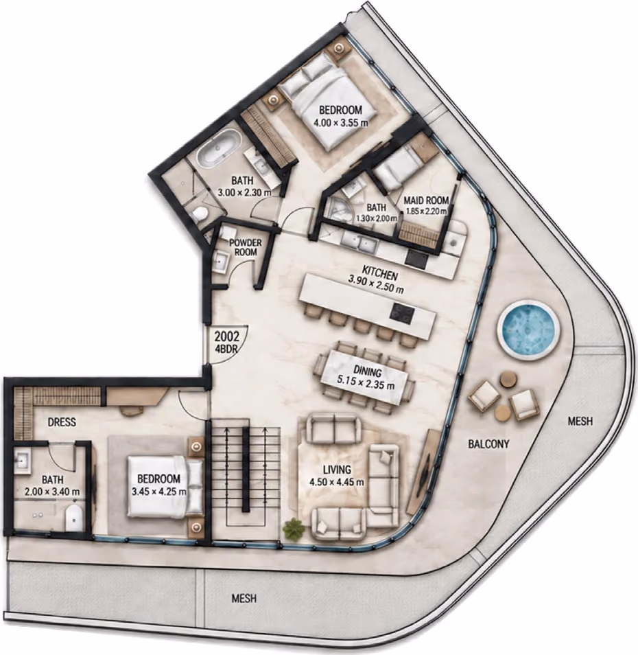 תוכנית 4 חדרי שינה · פנטהאוז · Duplex Penthouse Type C ב־Cosmo Marlin Icon (קומה תחתונה)