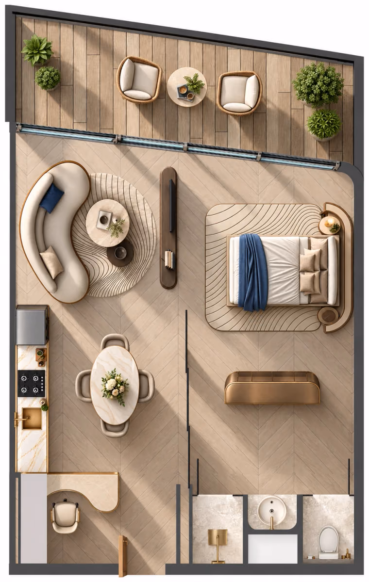 תוכנית חדר שינה אחד · 1BR Type 1 ב־Samana Collecta Island