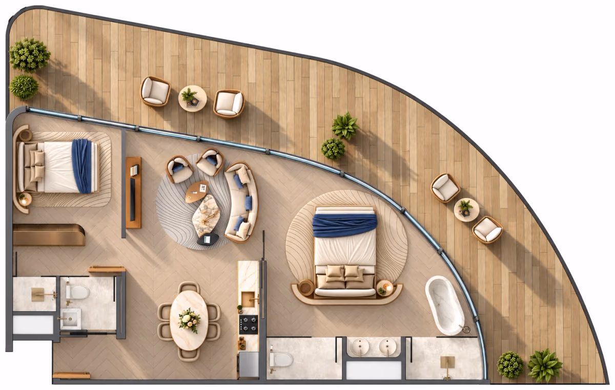 תוכנית 2 חדרי שינה · 2BR Type 1 ב־Samana Collecta Island