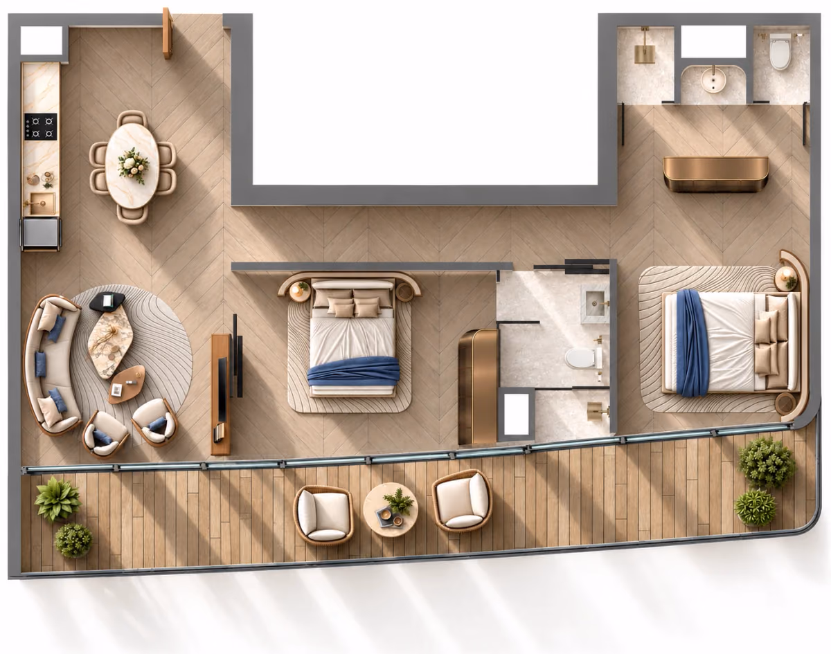 תוכנית 2 חדרי שינה · 2BR Type 3 ב־Samana Collecta Island
