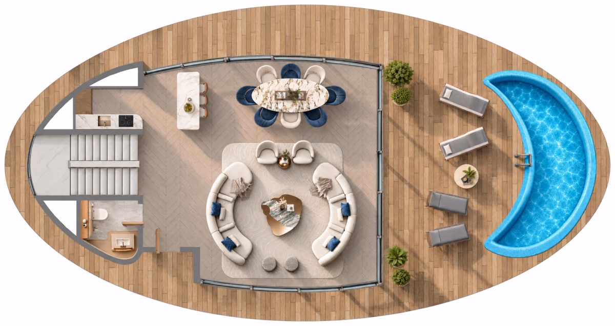תוכנית 2 חדרי שינה · וילה · Floating Villa ב־Samana Collecta Island (קומת קרקע)